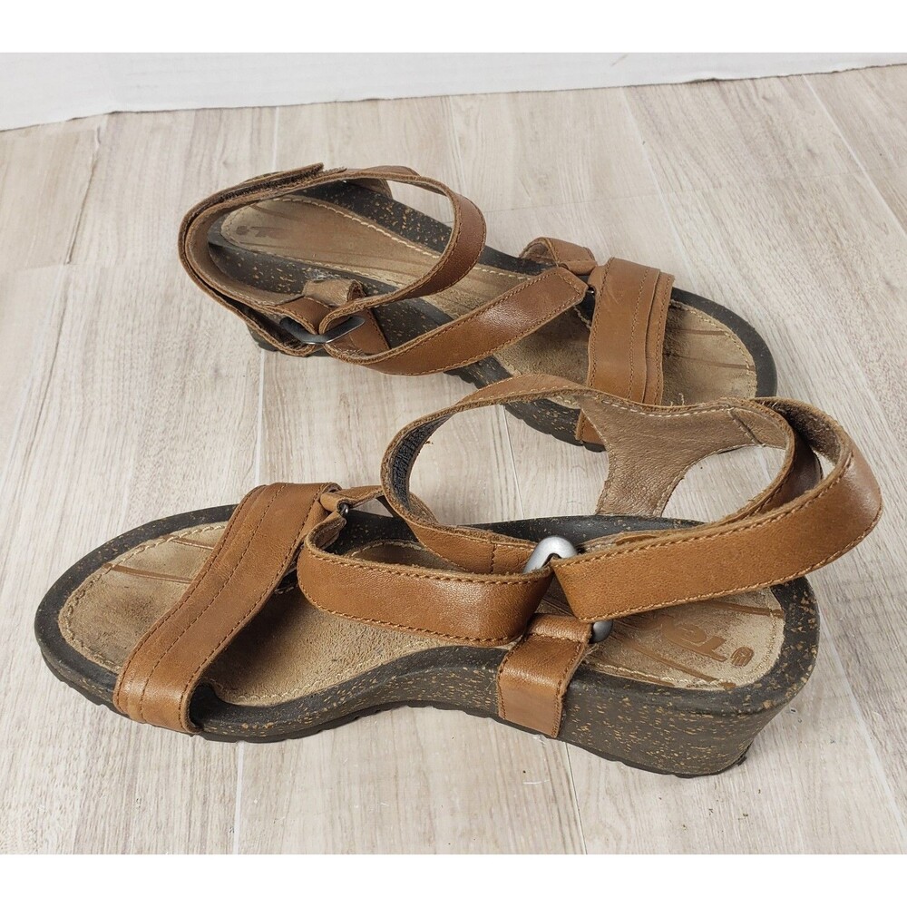 Teva Cabrillo Crossover Wedge Sandals Womens Size 6 Tan Leather Cork Ankle Strap